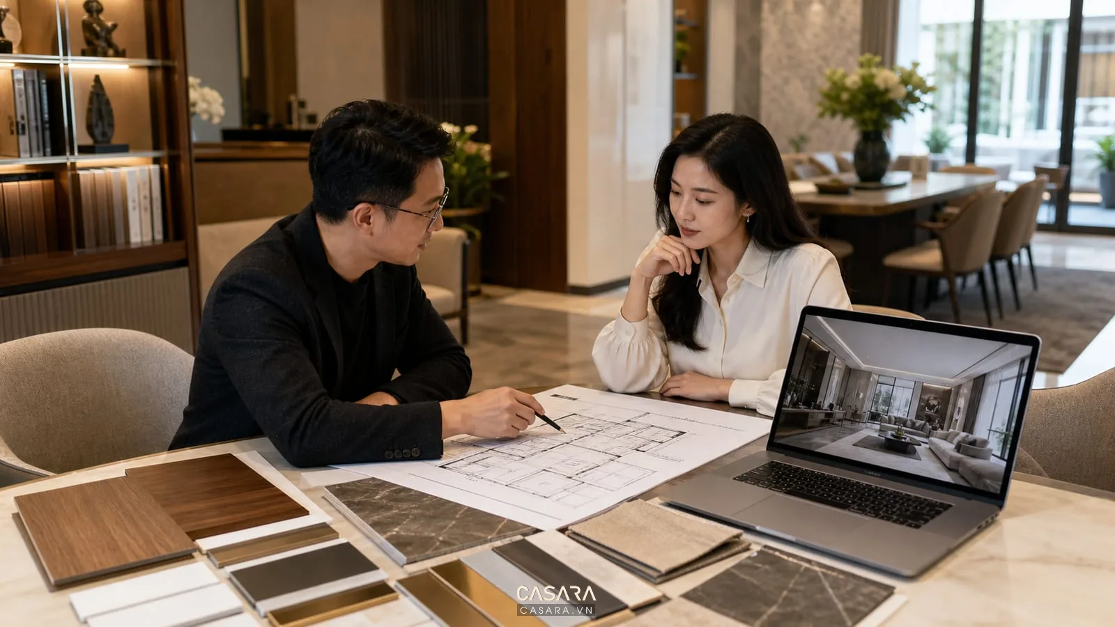Tư vấn thiết kế thi công nội thất biệt thự với bản vẽ phối cảnh và mẫu vật liệu