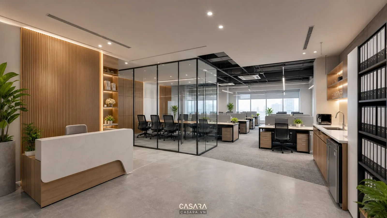 Thiết kế văn phòng 120m2 với khu làm việc và phòng họp kính
