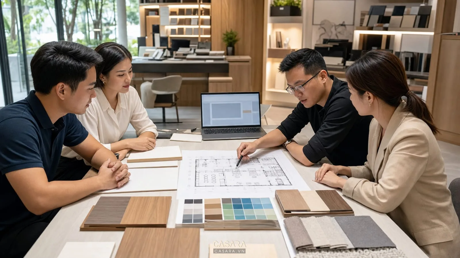 yêu cầu thiết kế văn phòng được trao đổi cùng bản vẽ và mẫu vật liệu