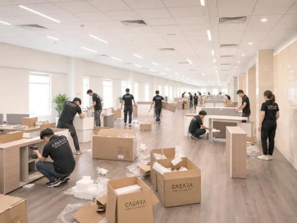 Đội ngũ thi công đang lắp đặt bàn tủ trong không gian văn phòng rộng
