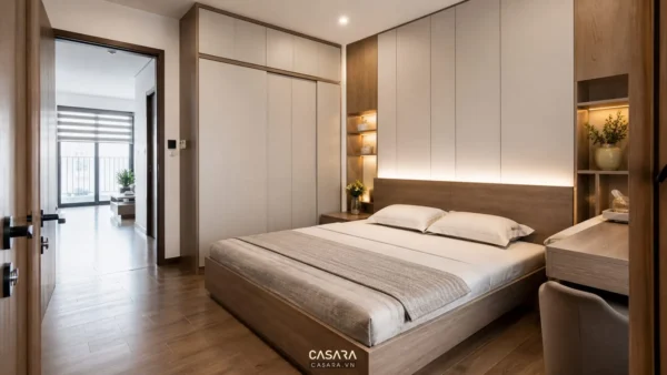 Phòng ngủ nhỏ hiện đại có giường gỗ, tủ quần áo kịch trần và bàn trang điểm cạnh giường