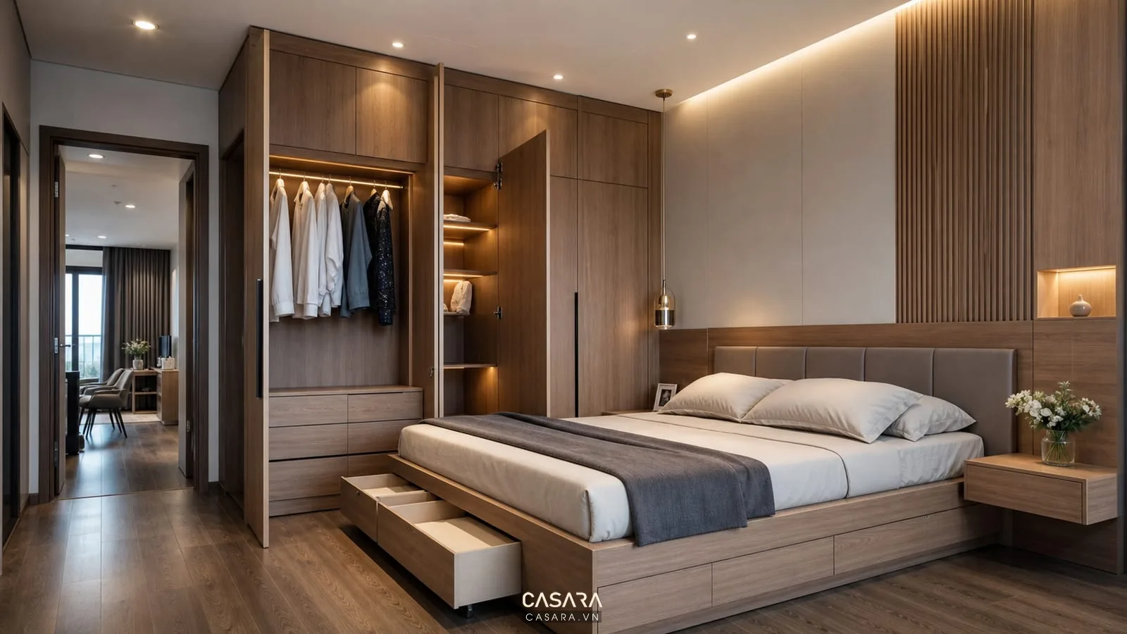 Hệ giường thông minh kết hợp tủ quần áo với cánh tủ phẳng, đầu giường liền vách và ngăn kéo gọn.