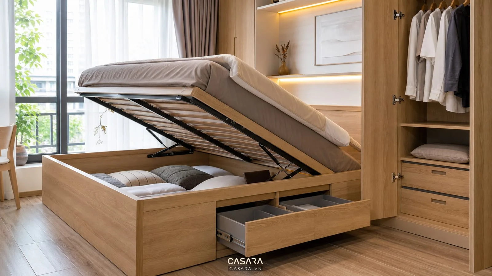Chi tiết giường tủ quần áo thông minh có cơ cấu nâng, ray ngăn kéo, bản lề tủ và khoang chứa chăn ga.