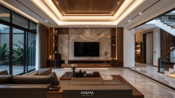 Thi công biệt thự trọn gói phòng khách với sofa vách tivi gỗ đá trần đèn và sàn đá