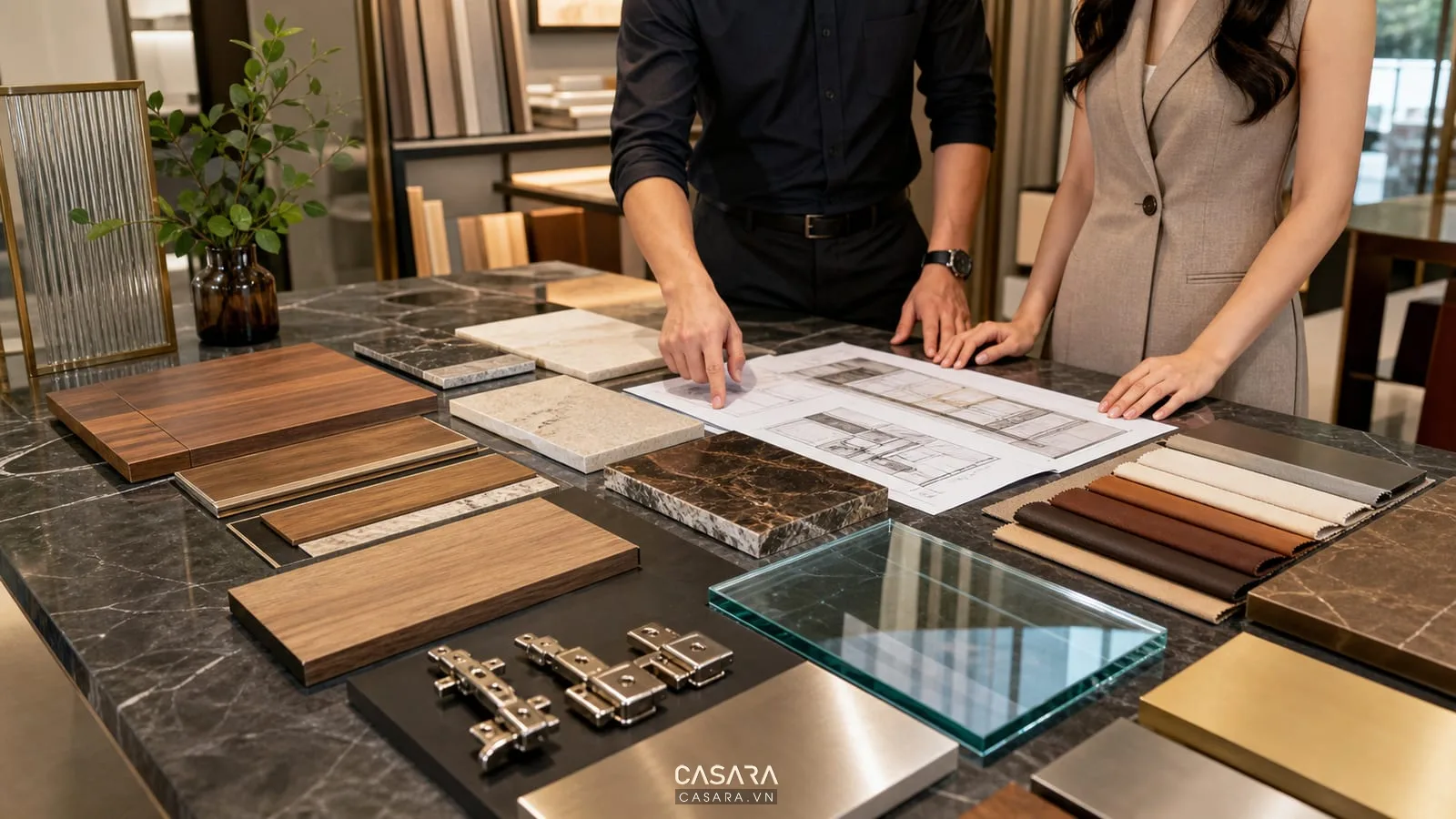 Mẫu vật liệu thi công biệt thự gồm gỗ veneer đá tự nhiên kính kim loại da và phụ kiện bản lề
