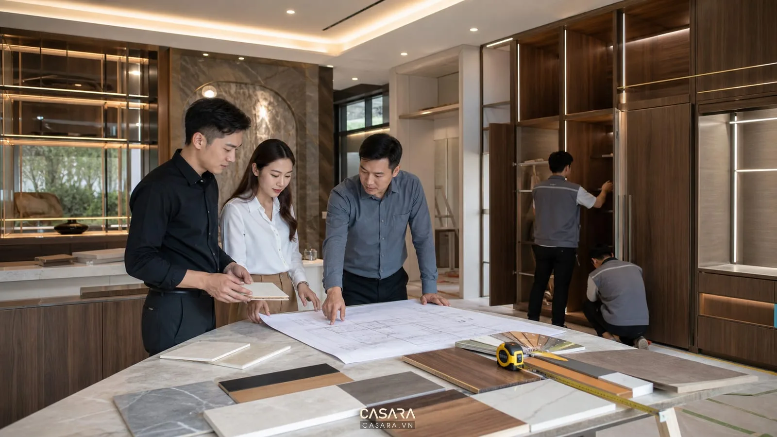 Đội thi công biệt thự kiểm tra bản vẽ tủ gỗ mẫu vật liệu và ánh sáng tại công trình