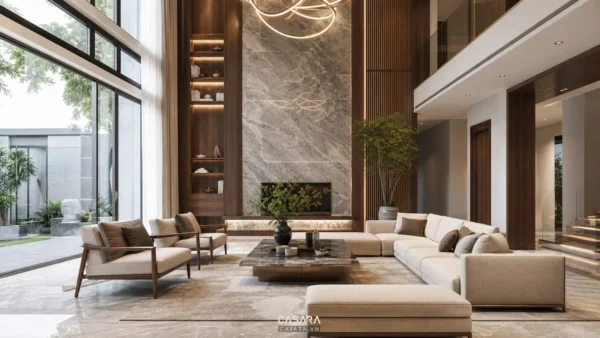 Nội thất phòng khách biệt thự hiện đại sang trọng với sofa và vách hoàn thiện cao cấp