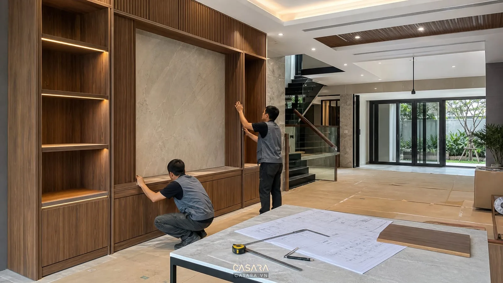 Đội thi công nội thất biệt thự hiện đại lắp đặt hệ tủ gỗ theo bản vẽ kỹ thuật