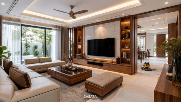 phòng khách biệt thự cao cấp đang thi công nội thất đồng bộ