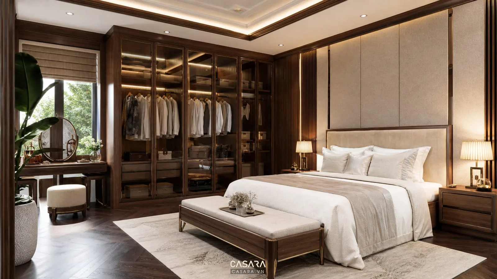 phòng ngủ master biệt thự cao cấp với giường và tủ áo gỗ