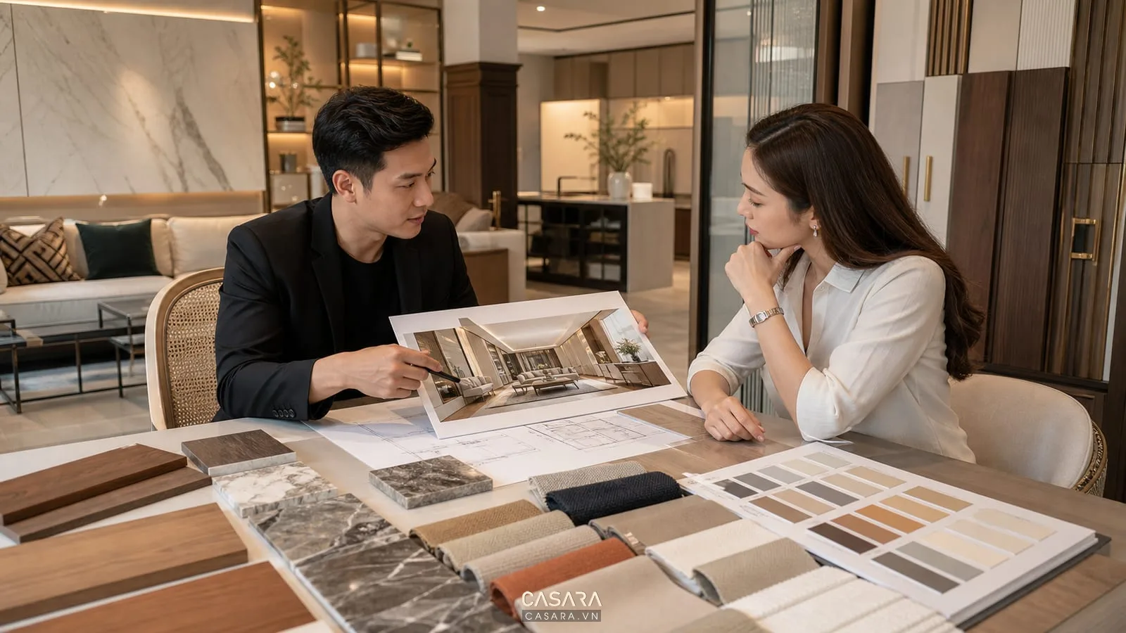 tư vấn báo giá thi công nội thất biệt thự với bản vẽ và mẫu vật liệu