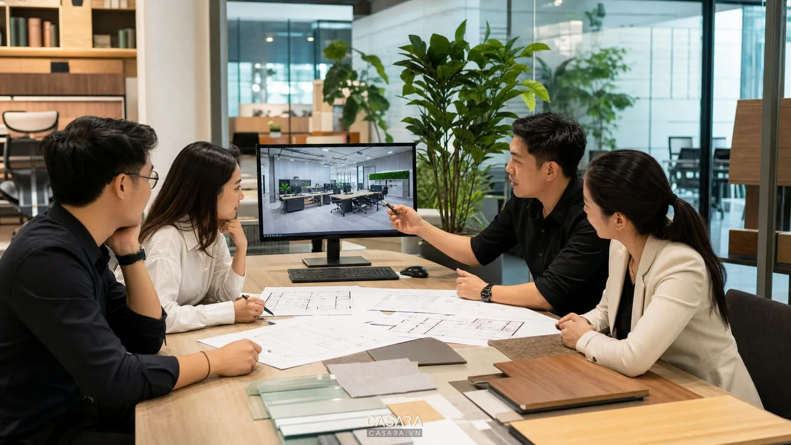 thiết kế văn phòng 3d trên màn hình cùng bản vẽ mặt bằng mẫu vật liệu và nhóm tư vấn trao đổi