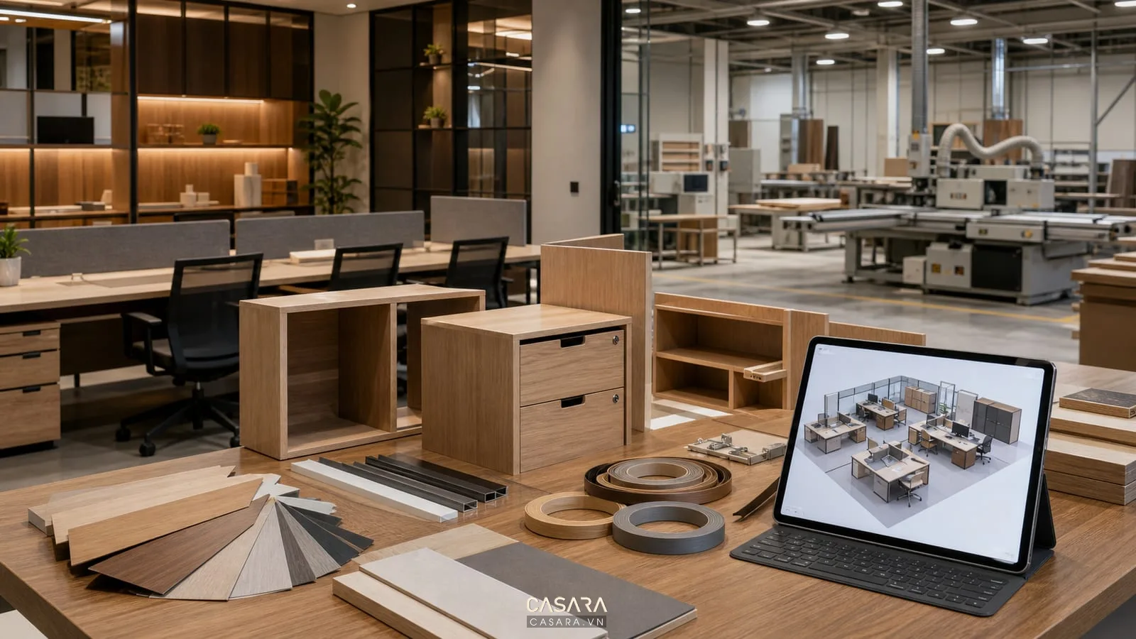 thiết kế văn phòng giá tại xưởng với bàn module tủ gỗ công nghiệp mẫu laminate và bản phối cảnh 3d