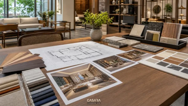Bản vẽ thiết kế showroom nội thất với phối cảnh 3D mẫu gỗ đá vải và bảng màu vật liệu