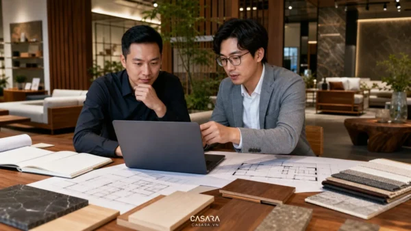 Kiến trúc sư tư vấn báo giá thiết kế showroom nội thất với laptop bản vẽ và mẫu vật liệu
