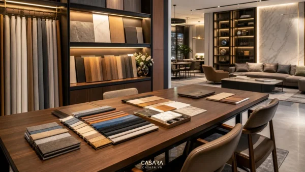 Khu tư vấn showroom nội thất với bàn làm việc mẫu gỗ đá vải sofa và kệ vật liệu