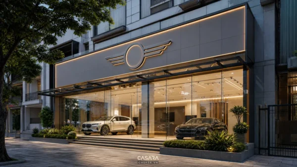 Mặt tiền showroom ô tô hiện đại với xe ô tô trưng bày sau lớp kính lớn