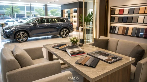 Bàn tư vấn showroom ô tô với ghế sofa trung tính và xe ô tô trưng bày phía sau