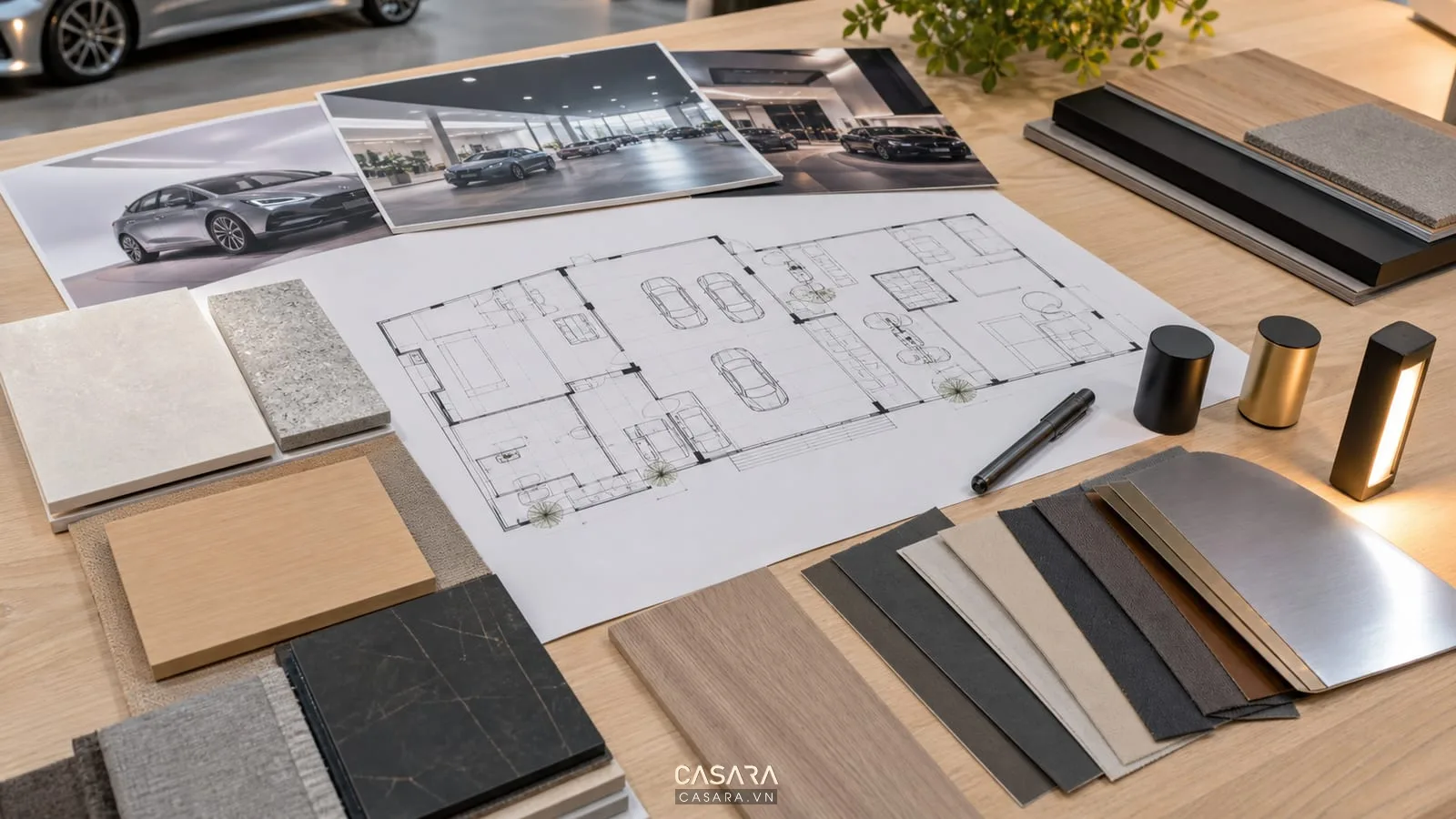 Bản vẽ mặt bằng showroom ô tô đặt cùng mẫu vật liệu và hình ảnh xe ô tô tham khảo