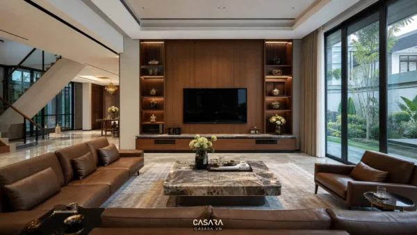 Phòng khách biệt thự rộng có sofa da nâu, bàn trà đá và vách tivi gỗ