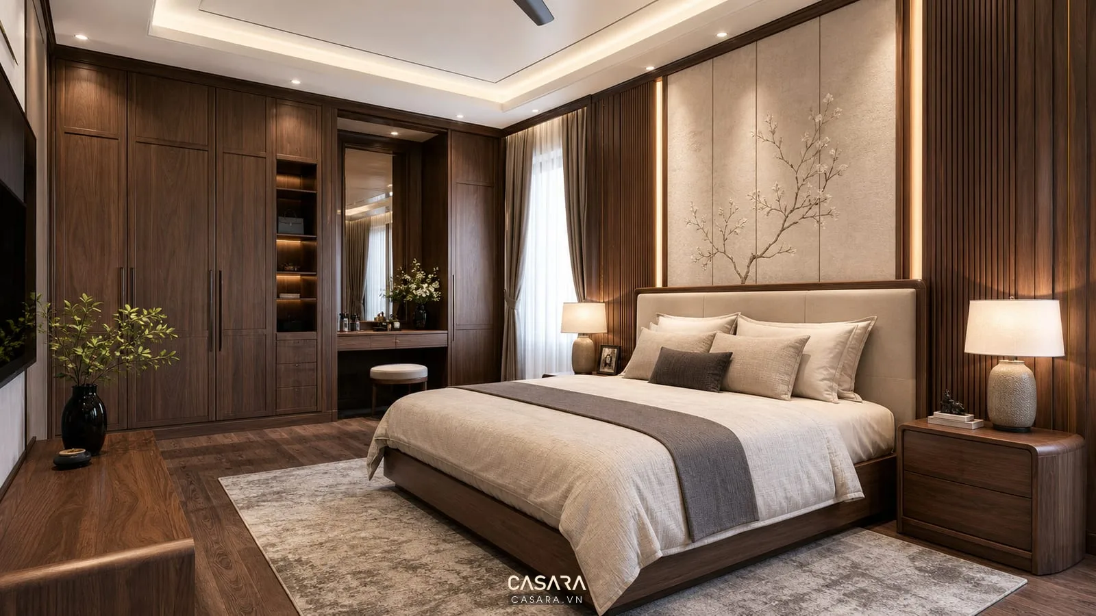 Nội thất biệt thự phòng ngủ master với giường lớn, tủ áo âm tường và ánh sáng ấm