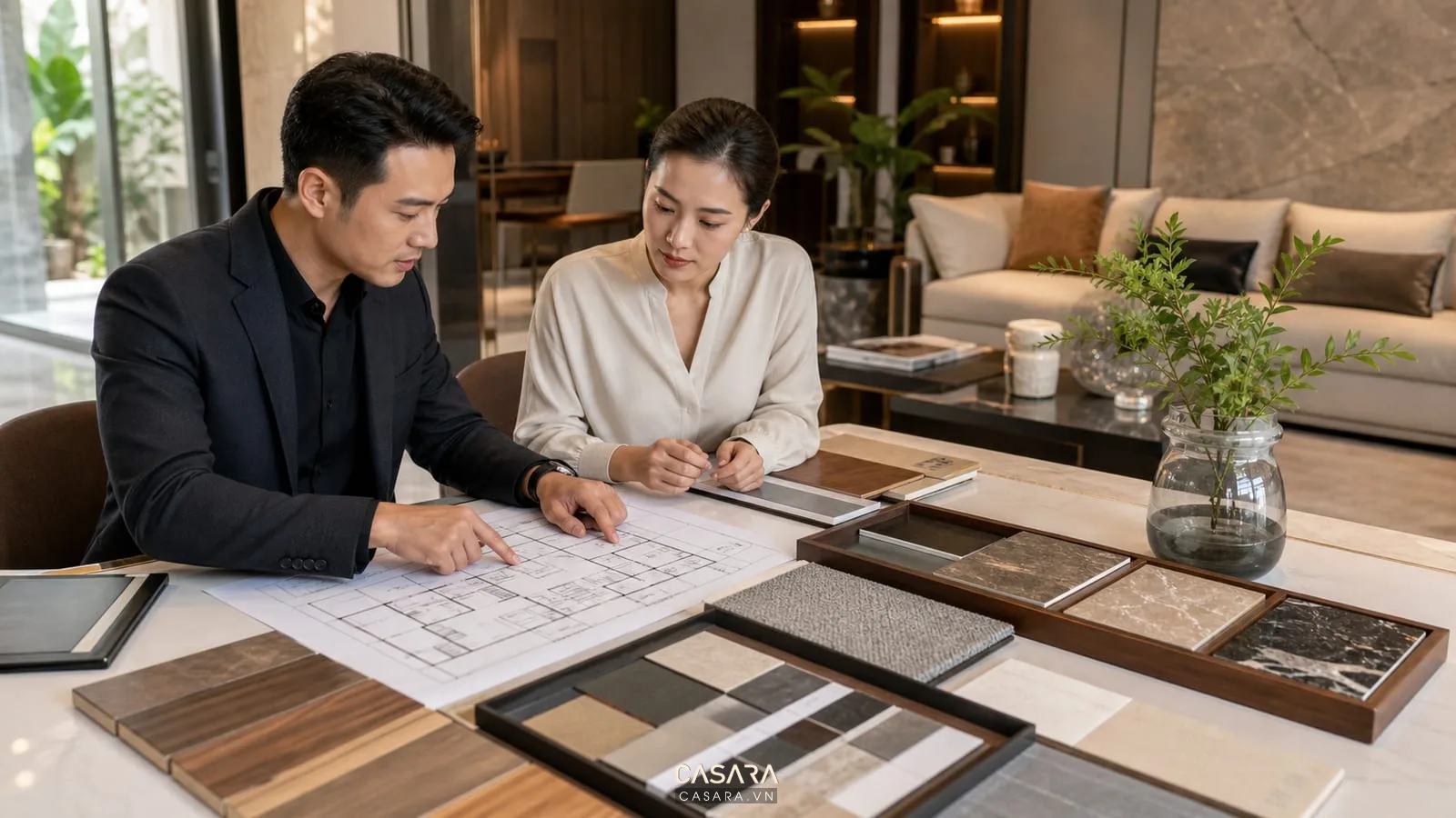 Tư vấn nội thất biệt thự với bản vẽ thiết kế, mẫu vật liệu gỗ đá và mặt bằng biệt thự