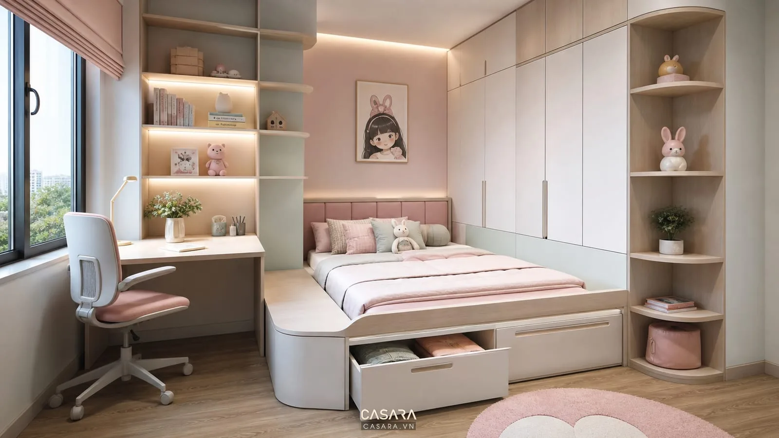 giường thông minh cho bé gái trong phòng ngủ nhỏ có ngăn kéo thấp tủ áo liền giường bàn học kệ sách và cạnh bo an toàn