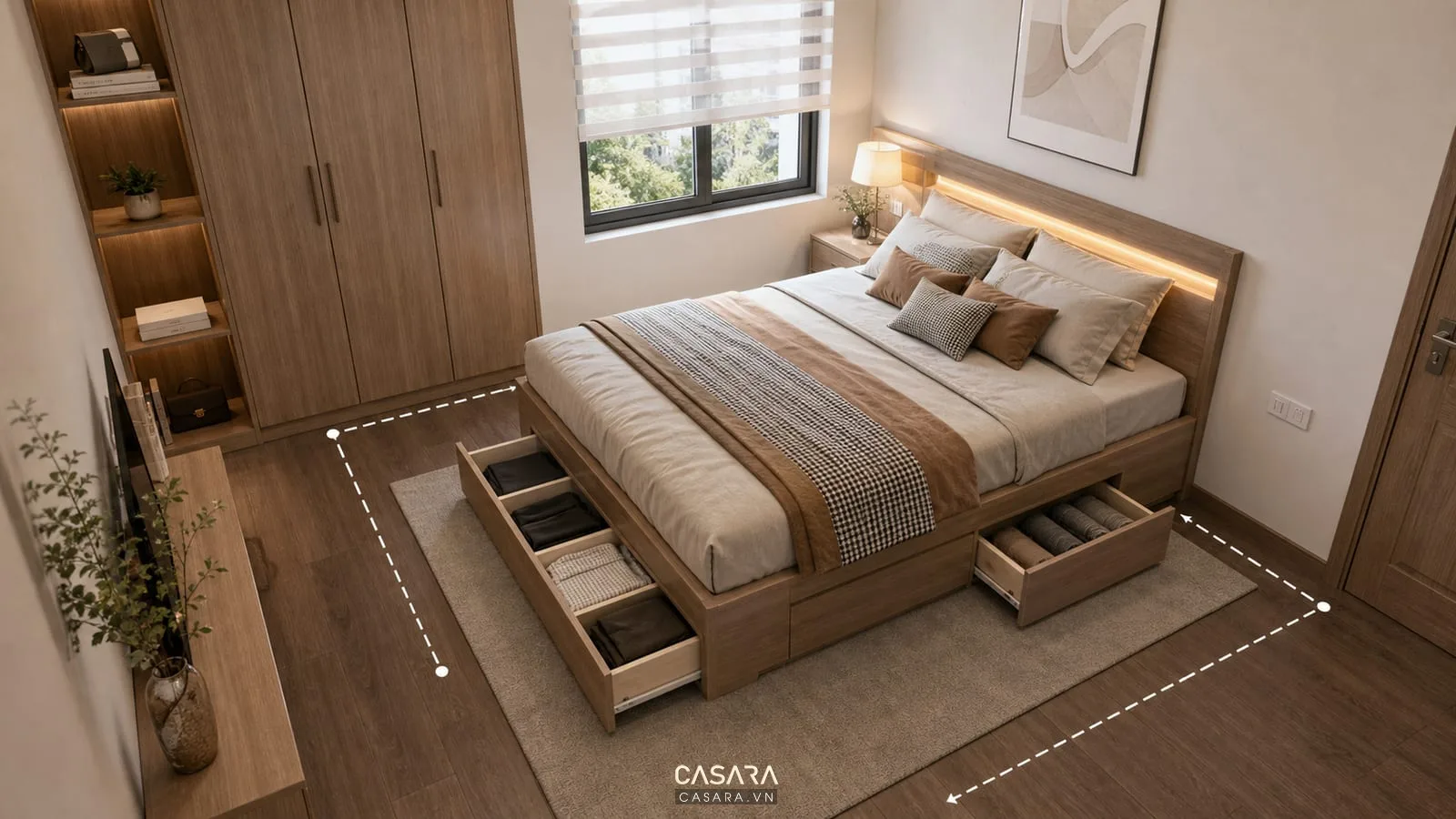 bản vẽ layout phòng ngủ nhỏ có giường ngủ thông minh cho phòng nhỏ hướng mở hộc kéo lối đi tủ áo cửa sổ ổ điện và đèn đầu giường