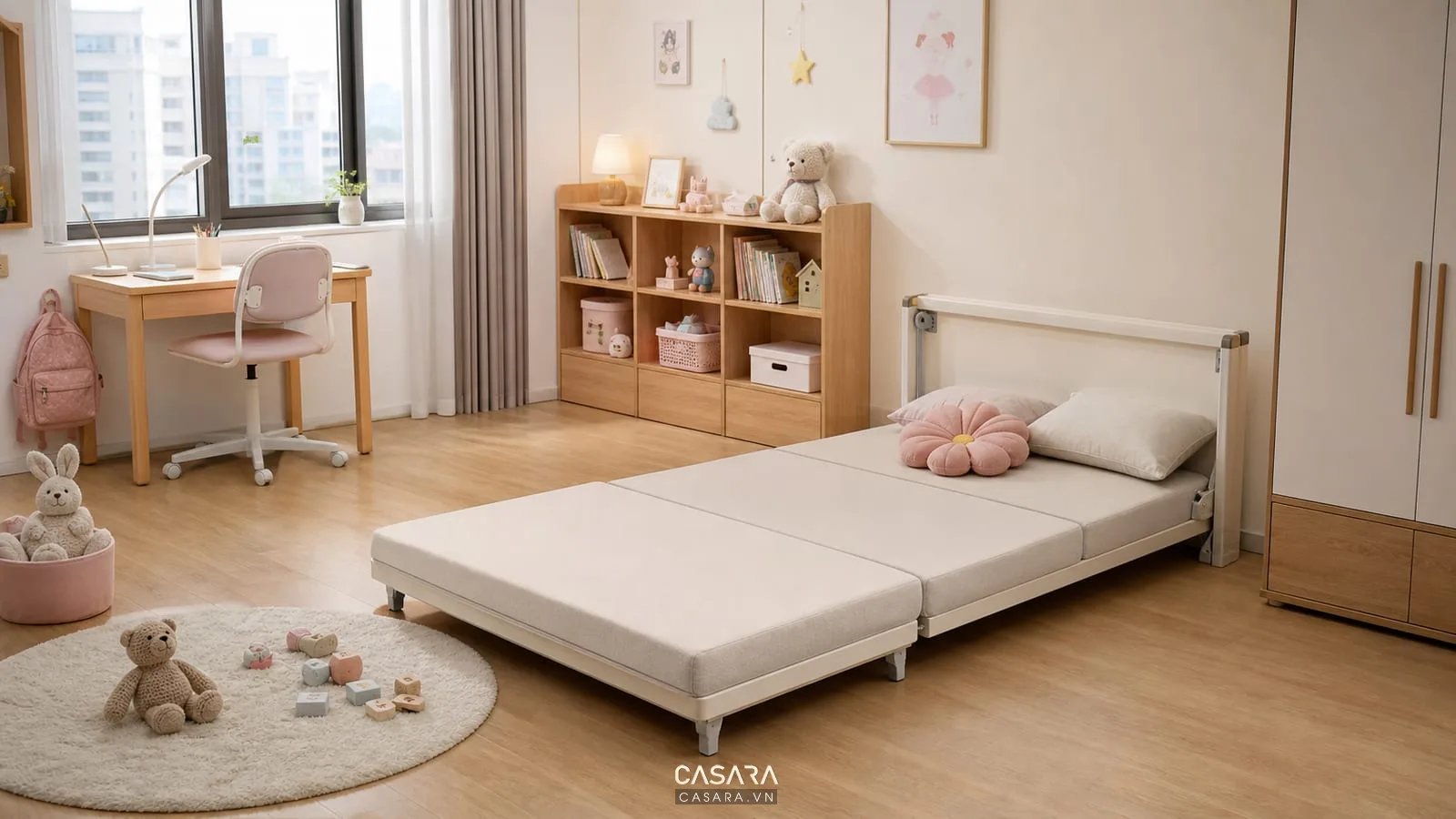 giường thông minh cho bé gái phòng nhỏ có giường gấp 3 khúc màu sáng bàn học kệ sách thấp và tủ áo