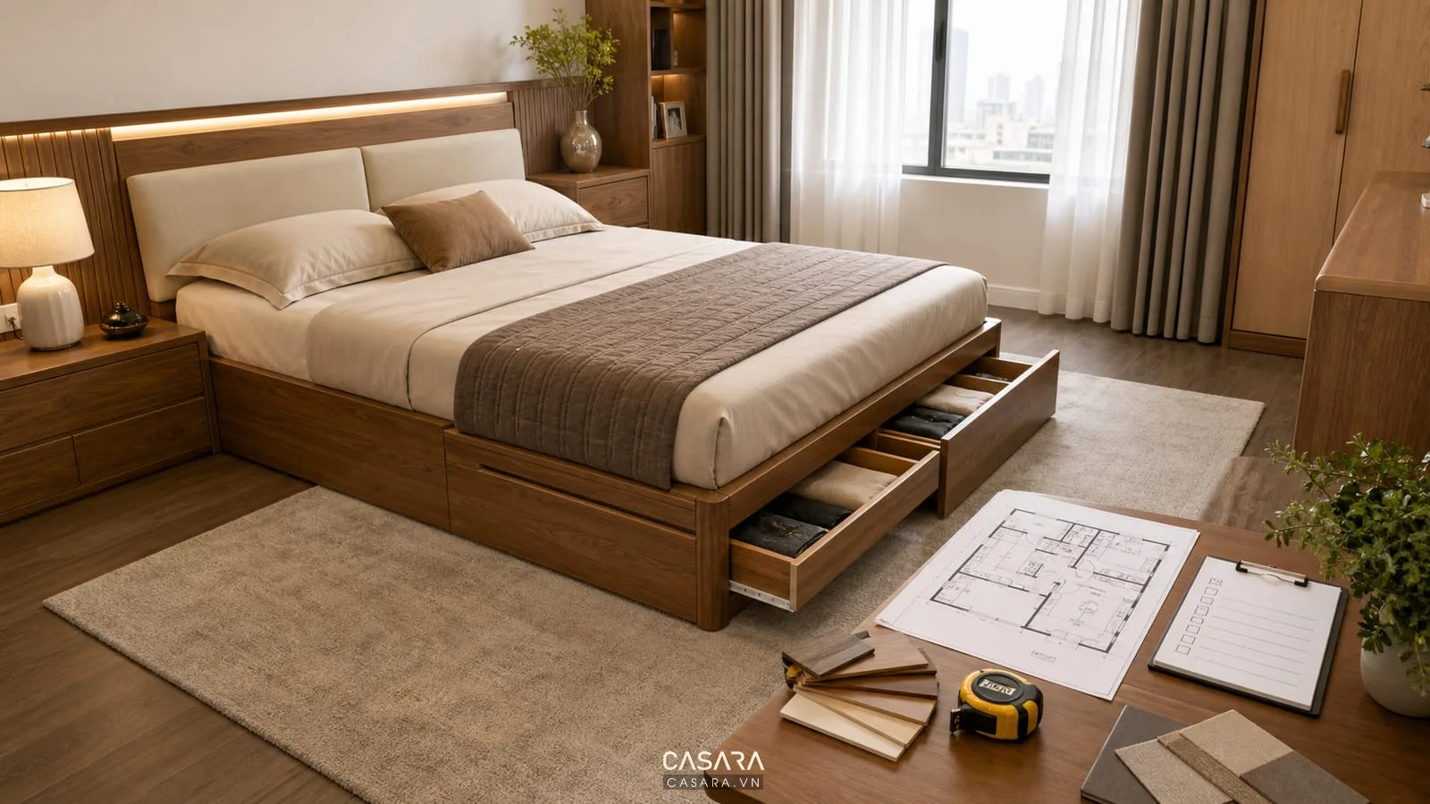 Giường ngủ thông minh có ngăn kéo mở bên cạnh bản vẽ mặt bằng, thước đo, mẫu gỗ và danh sách đồ lưu trữ.