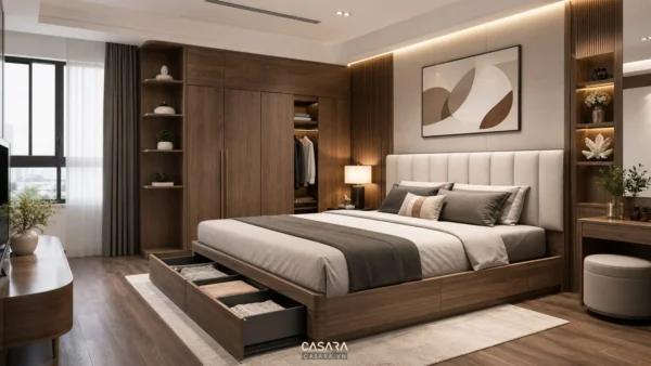 giường thông minh 1m8 trong phòng ngủ hiện đại có hộc lưu trữ dưới giường và tủ áo