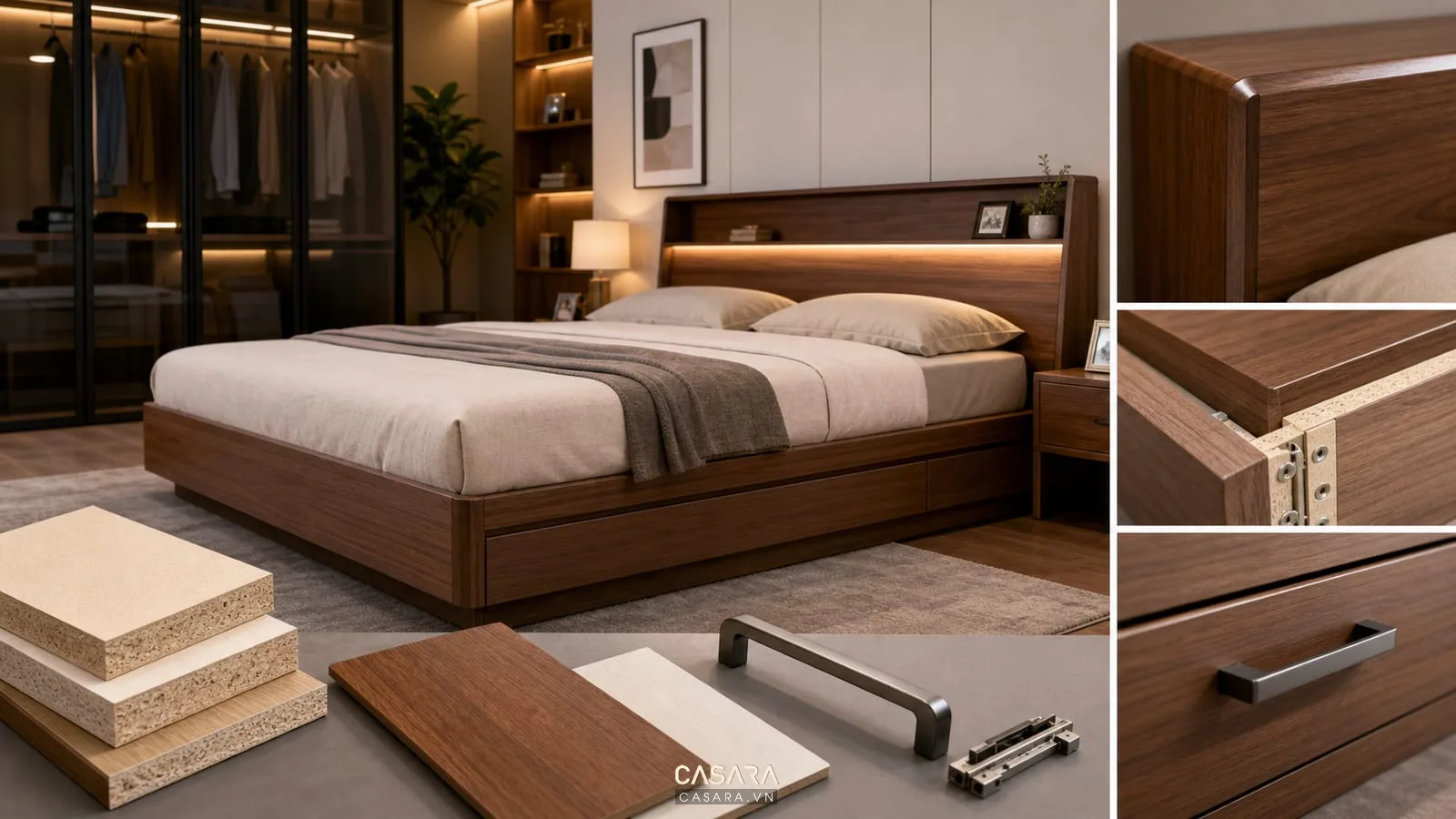 giường thông minh 1m8 với mẫu vật liệu gỗ veneer laminate và chi tiết đầu giường