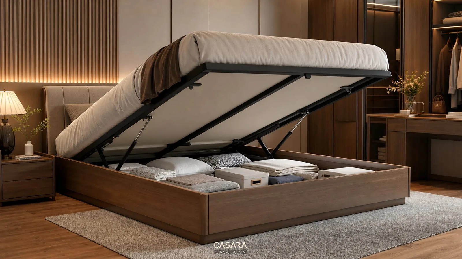 giường thông minh 1m8 mở khoang chứa đồ bằng cơ cấu nâng hạ trong phòng ngủ