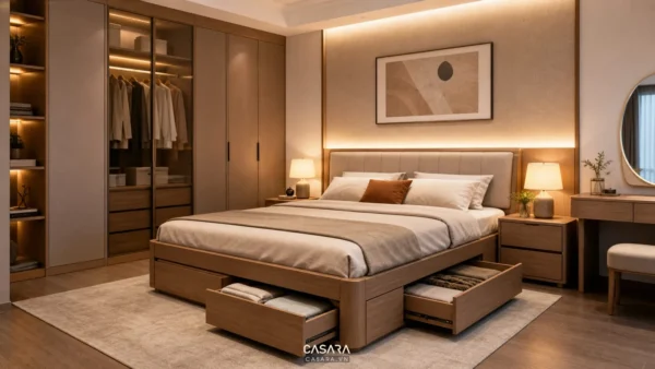 Giường thông minh 1m8x2m trong phòng ngủ master hiện đại có hộc lưu trữ và tủ áo đồng bộ