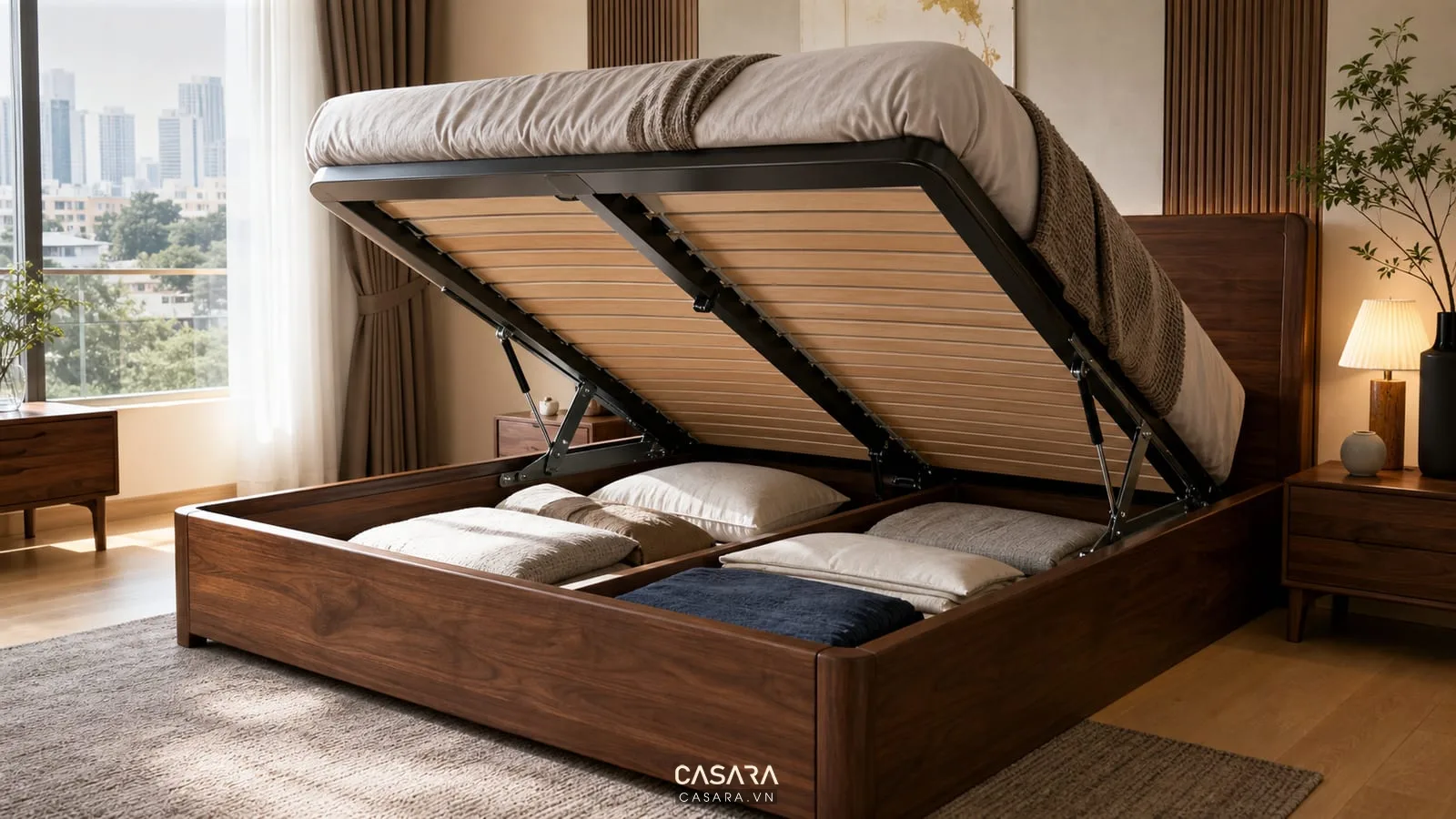 Giường thông minh 1m8x2m mở khoang chứa với cơ cấu nâng hạ và chăn ga bên trong