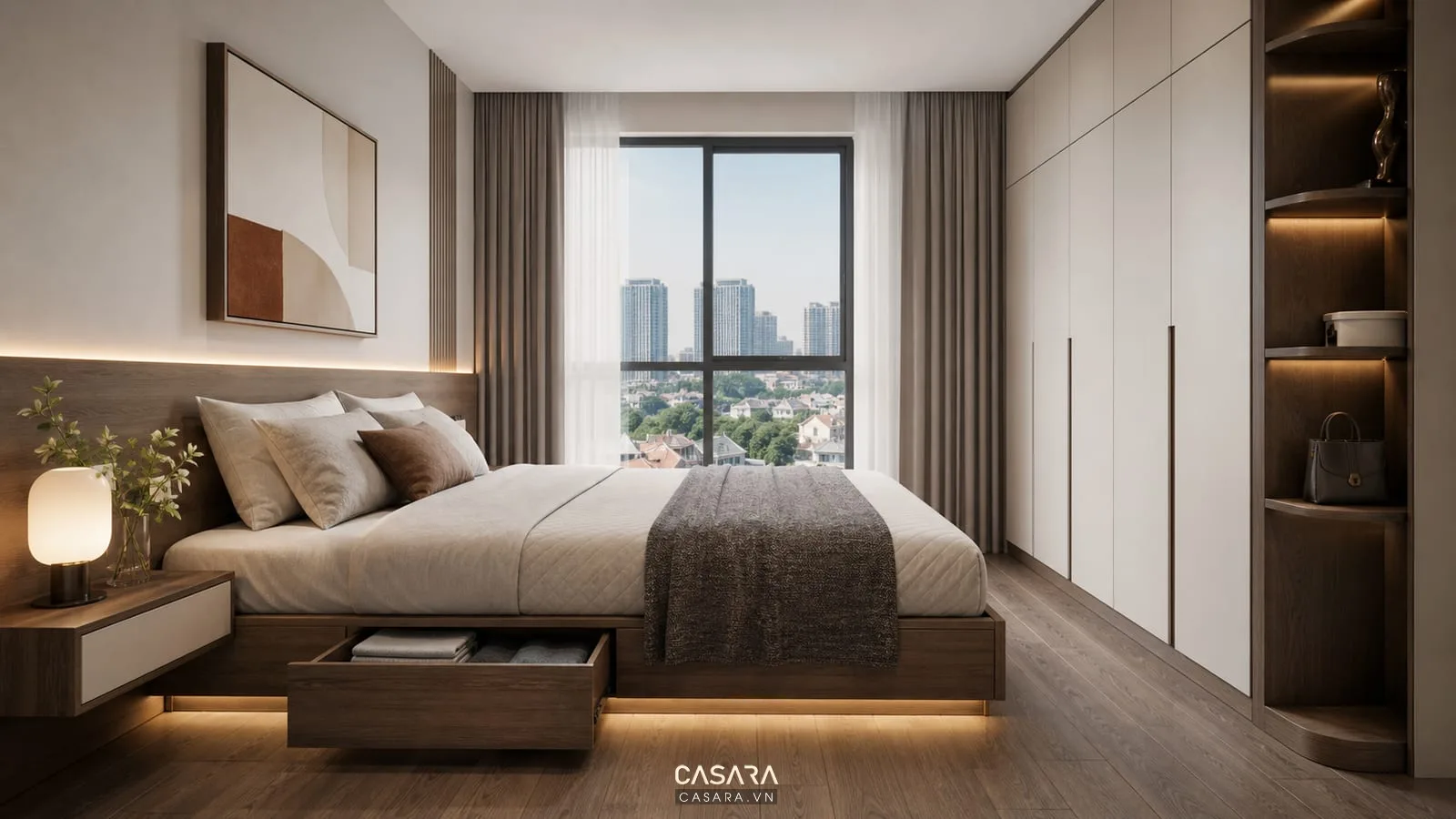 Giường thông minh 1m8x2m trong phòng ngủ căn hộ TPHCM có tủ áo âm tường và lối đi gọn