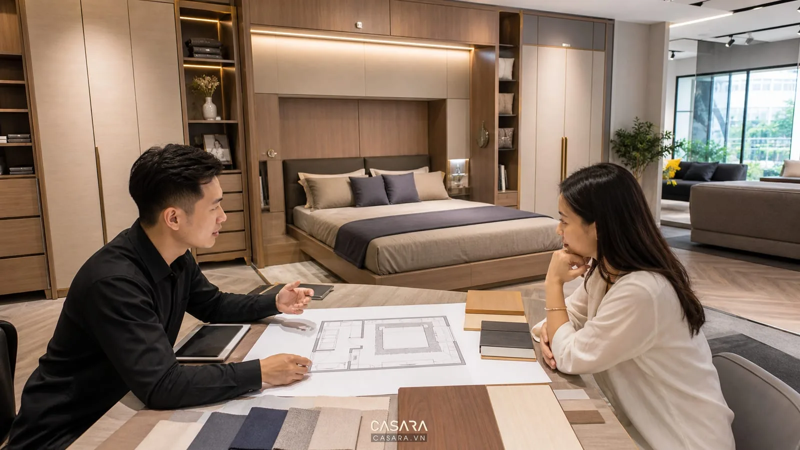 Tư vấn thiết kế giường thông minh 1m8x2m với bản vẽ phòng ngủ và mẫu vật liệu gỗ