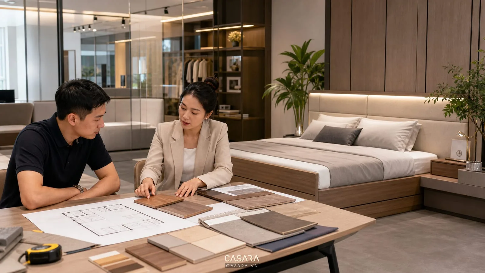 tư vấn chọn giường thông minh 2025 trong showroom nội thất có bản vẽ phòng ngủ mẫu vật liệu gỗ vải và giường thông minh phía sau