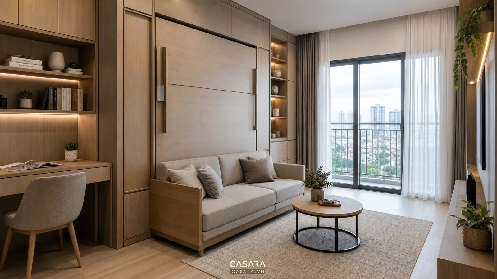 Căn hộ studio với giường thông minh âm tủ gấp lên và hệ tủ trung tính đồng bộ