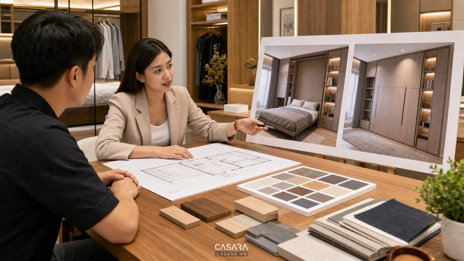 Tư vấn thiết kế giường thông minh âm tủ với bản vẽ phòng ngủ và mẫu vật liệu gỗ