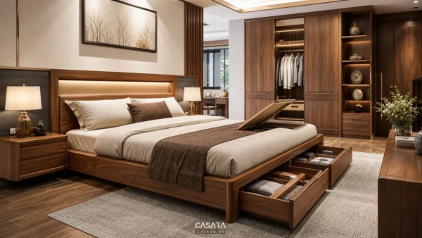 Giường thông minh bằng gỗ trong phòng ngủ hiện đại có hộc lưu trữ và tủ áo đồng bộ