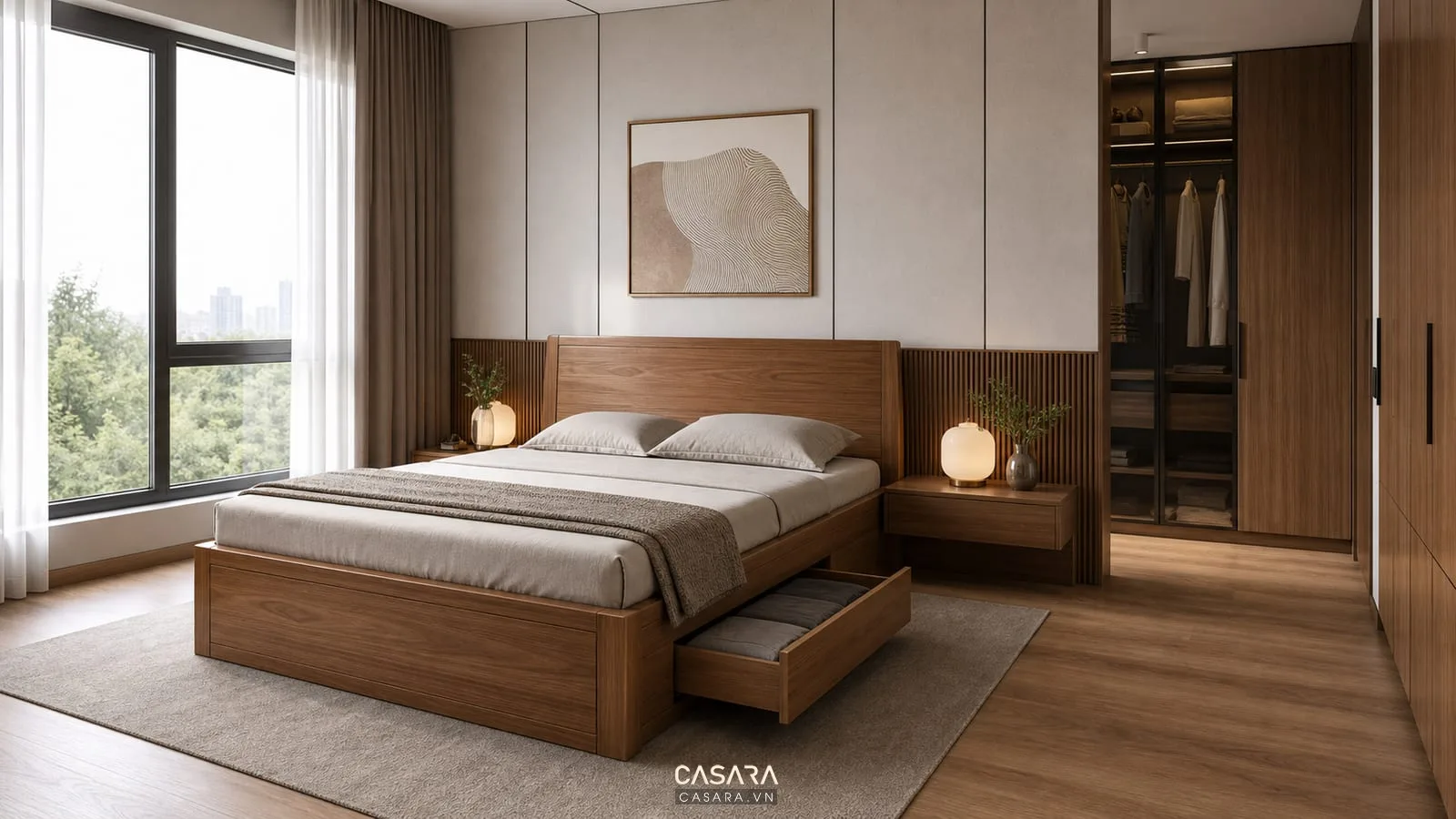 Giường thông minh 1m8x2m bằng gỗ trong phòng ngủ master có hộc kéo bên hông