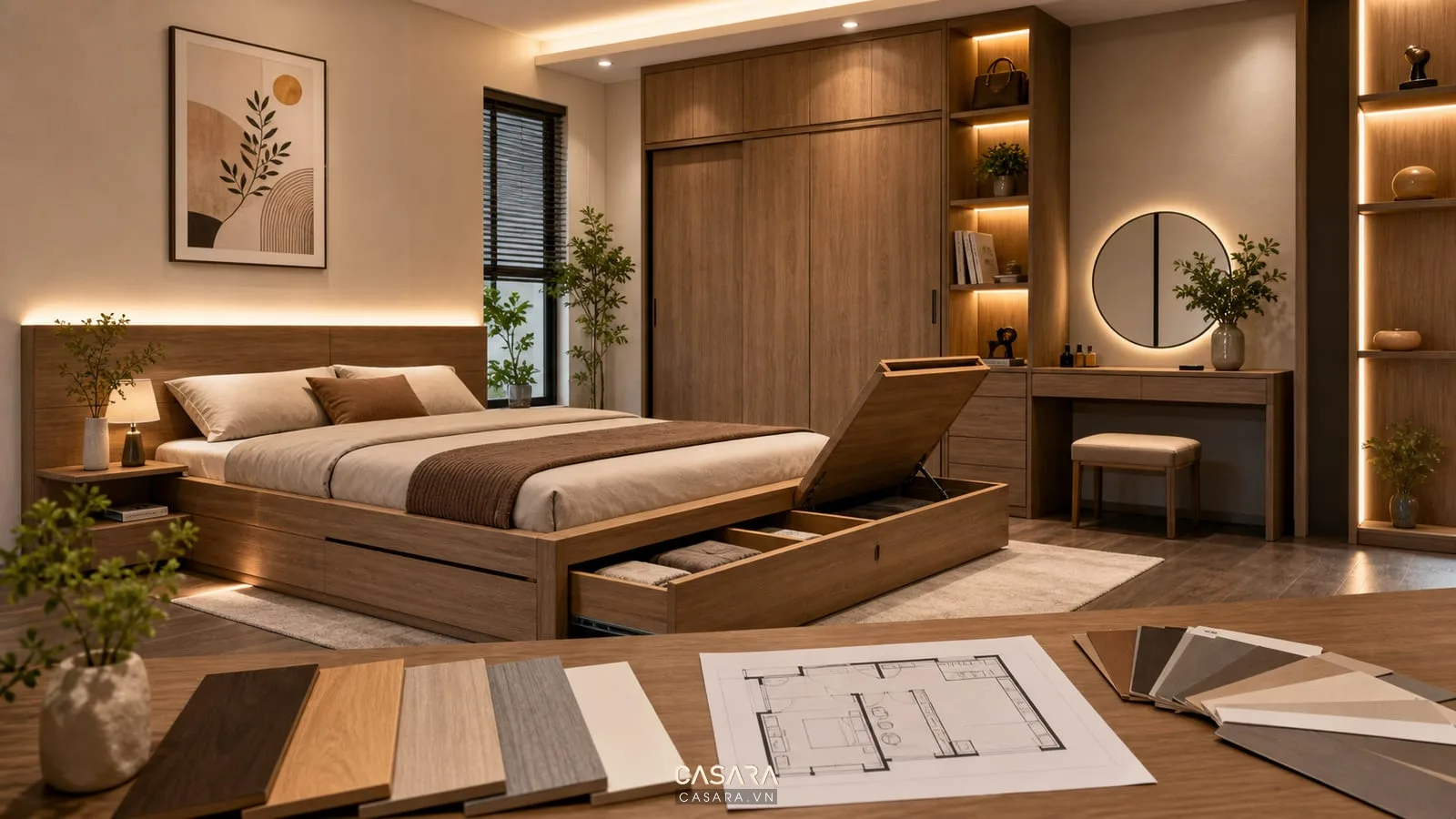 Phòng ngủ đồng bộ với giường thông minh bằng gỗ tủ áo và mẫu vật liệu An Cường
