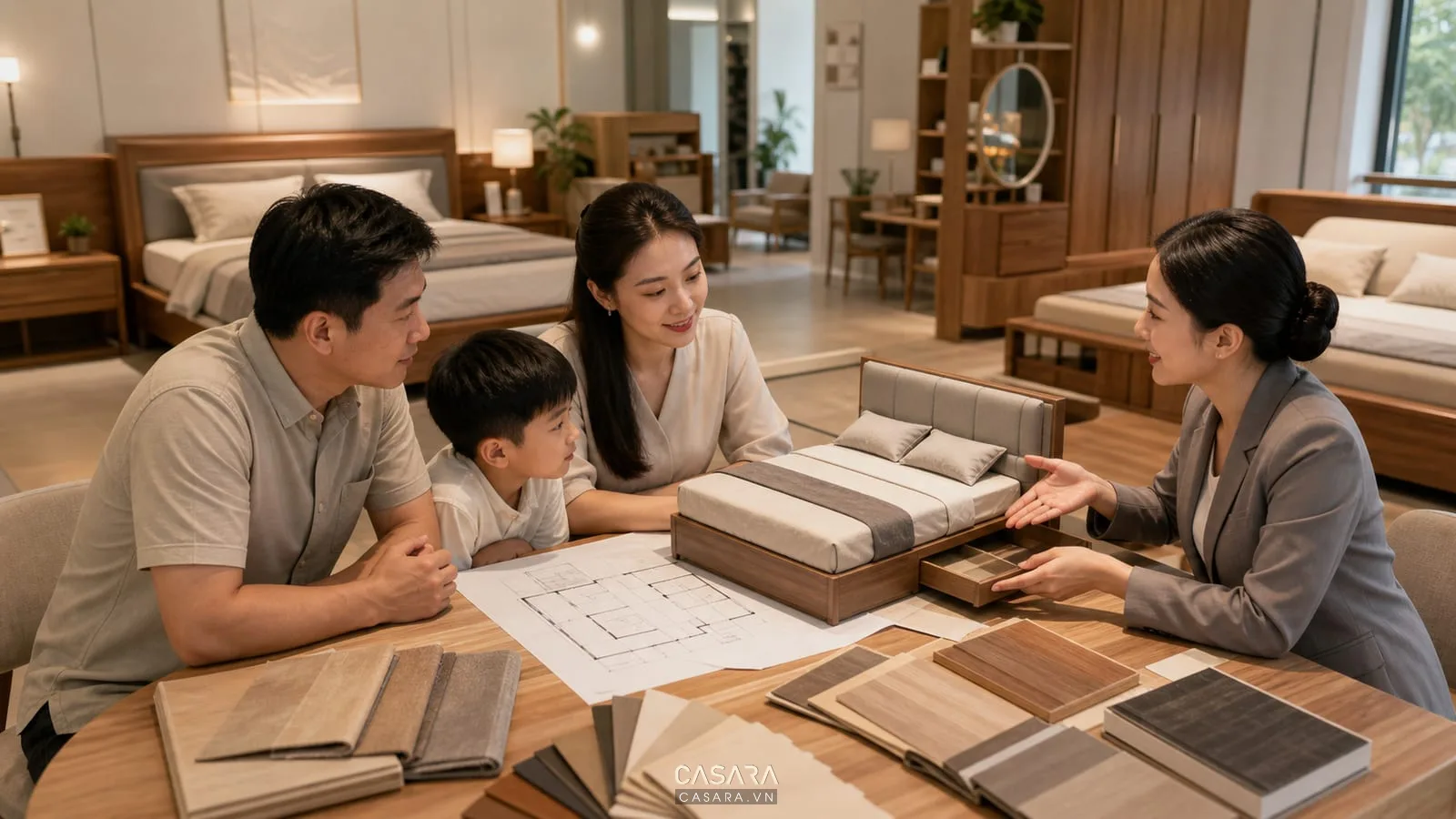 Tư vấn giường thông minh Cần Thơ với bản vẽ phòng ngủ và mẫu vật liệu