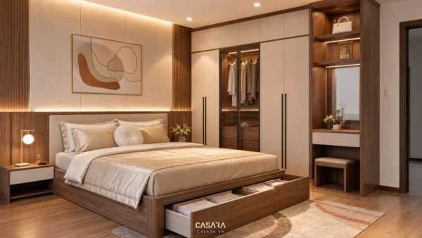 giường thông minh cao cấp trong phòng ngủ hiện đại đồng bộ tủ áo