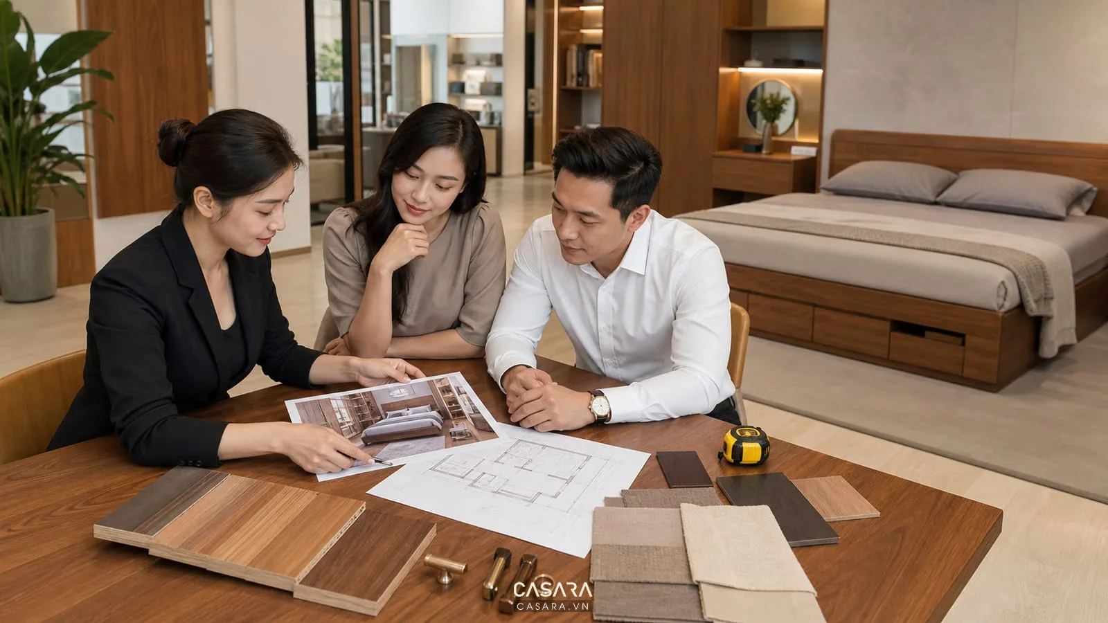 tư vấn bản vẽ phòng ngủ có giường thông minh cao cấp và mẫu vật liệu