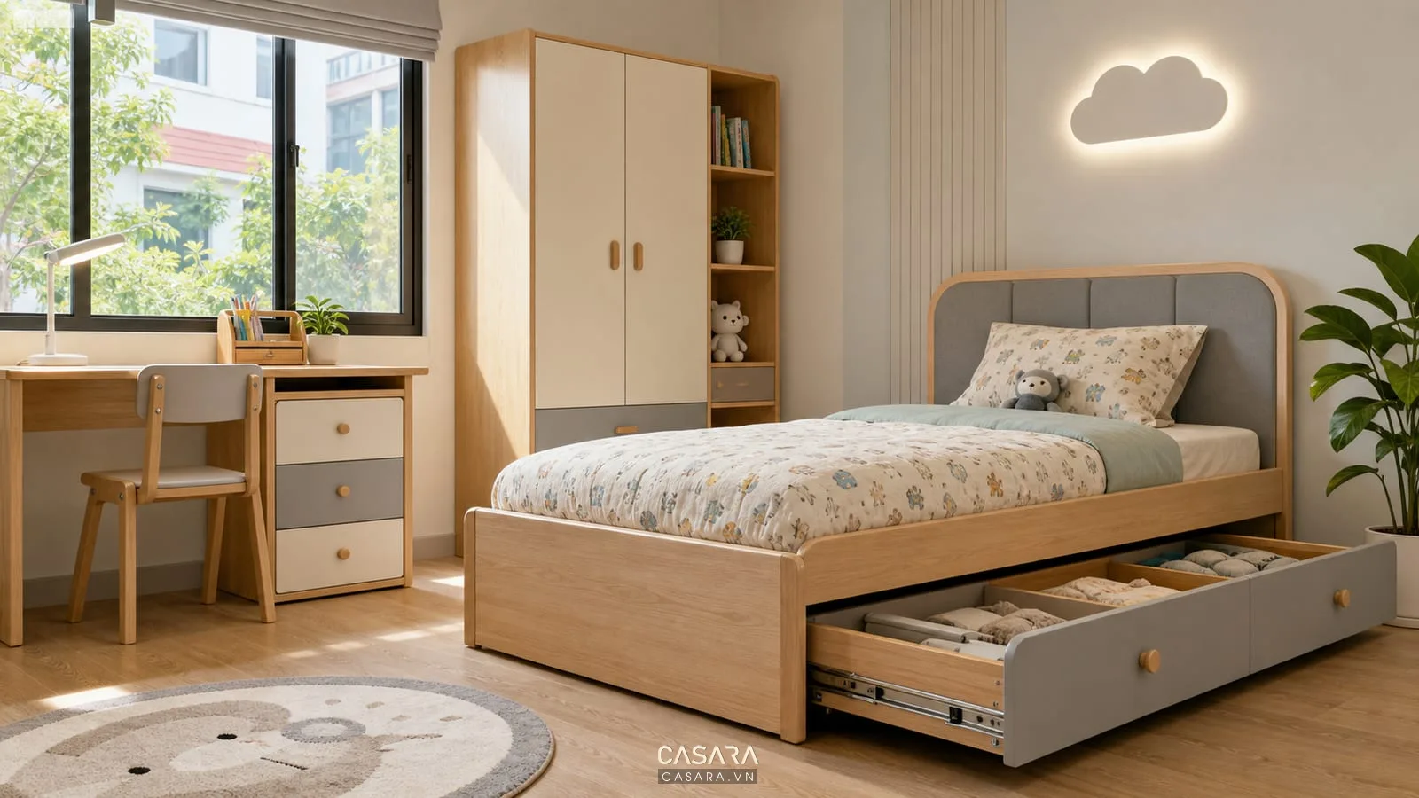 Giường thông minh cho bé có hộc kéo mở và bàn học cạnh giường