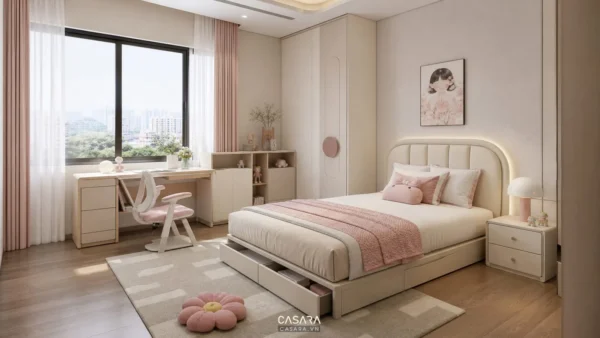 giường thông minh cho bé gái màu sáng có hộc kéo đầu giường bo mềm bàn học cạnh cửa sổ và tủ áo thấp