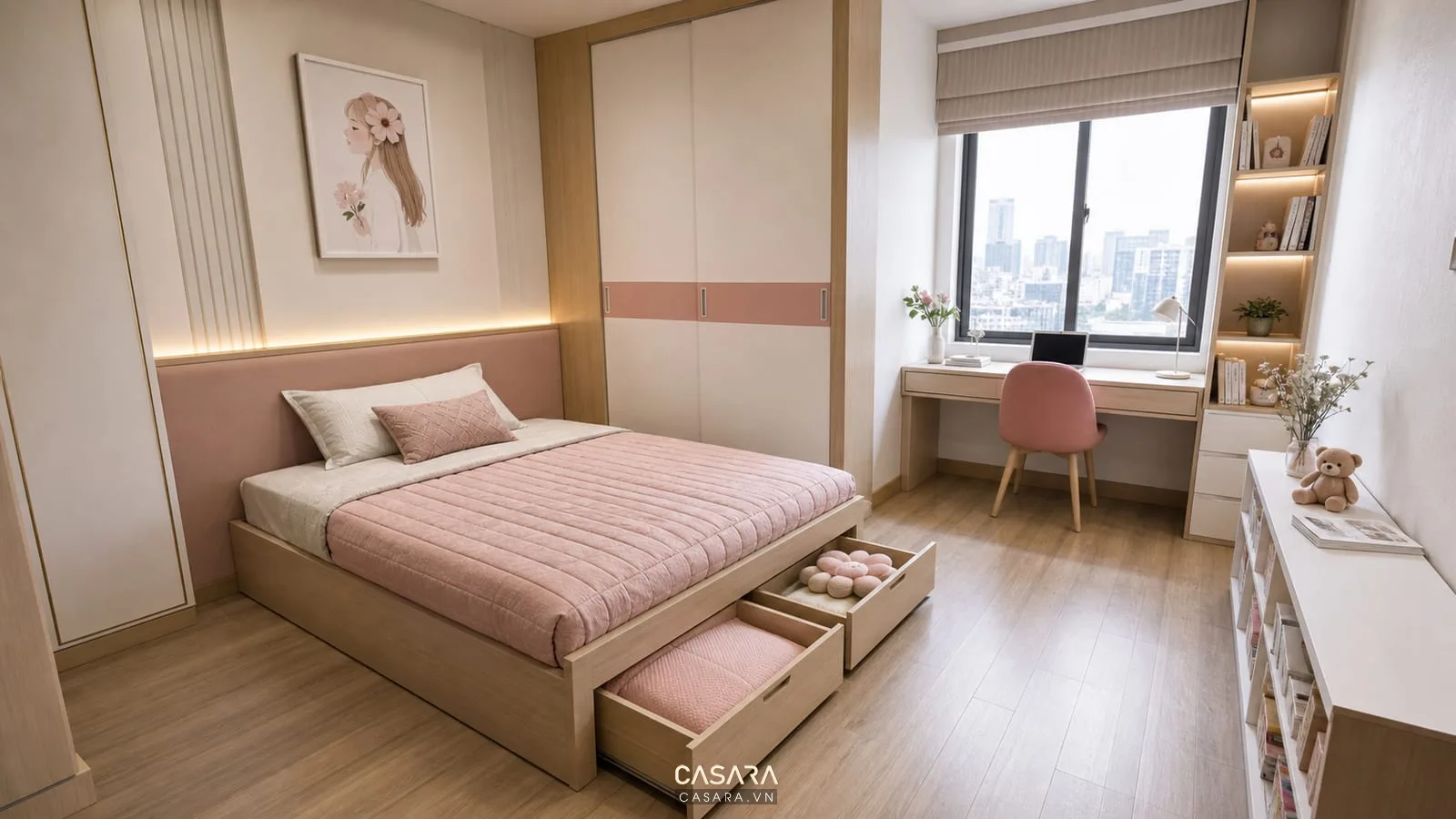 mặt bằng phòng ngủ bé gái với giường thông minh bàn học cạnh cửa sổ tủ áo cánh lùa lối đi rõ và hộc kéo cuối giường