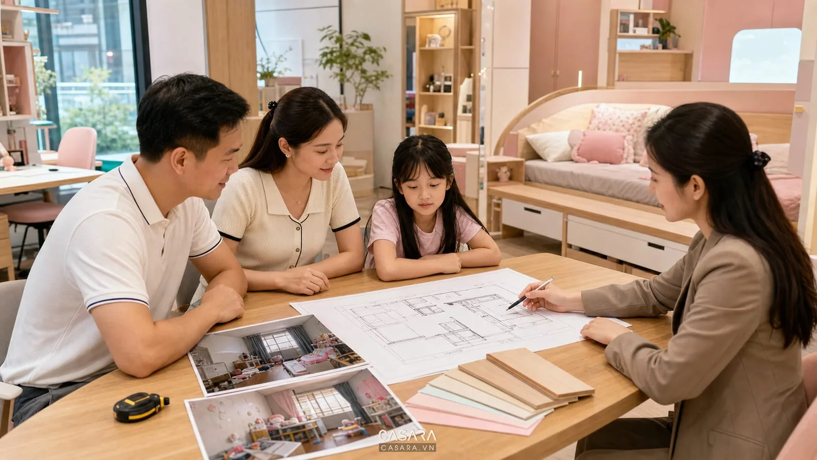 tư vấn giường thông minh cho bé gái với bản vẽ mặt bằng ảnh hiện trạng phòng mẫu vật liệu gỗ sáng và bảng màu pastel
